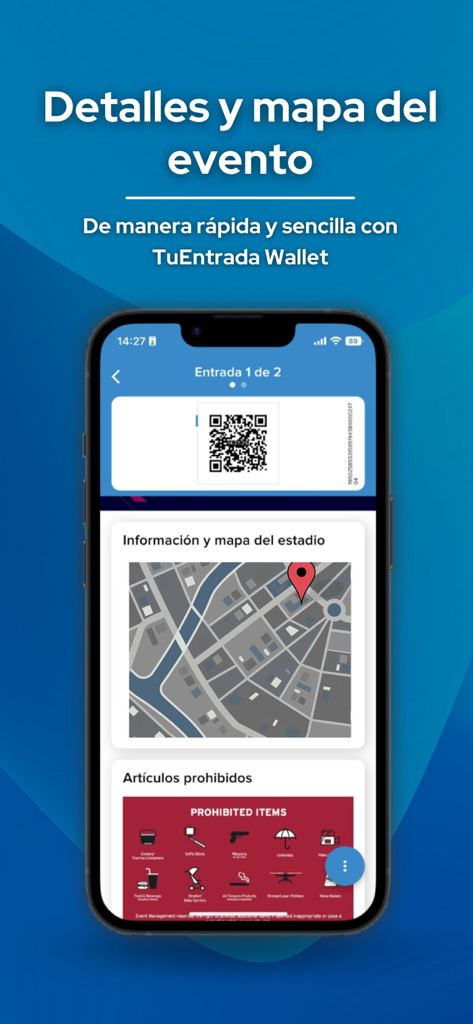 TuEntrada Wallet Mobile App mit einem digitalen Event-Ticket mit QR-Code und Kartenansicht des Stadions