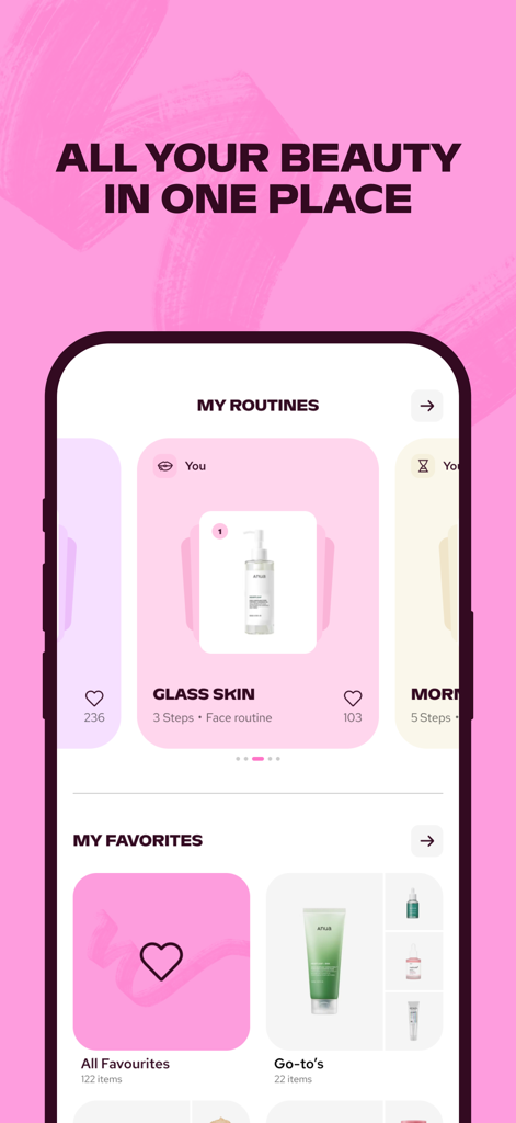 luxplus - The Luxplus app interface showing 'My Routines' with a Glass Skin routine and a 'My Favorites' section on a pink background.