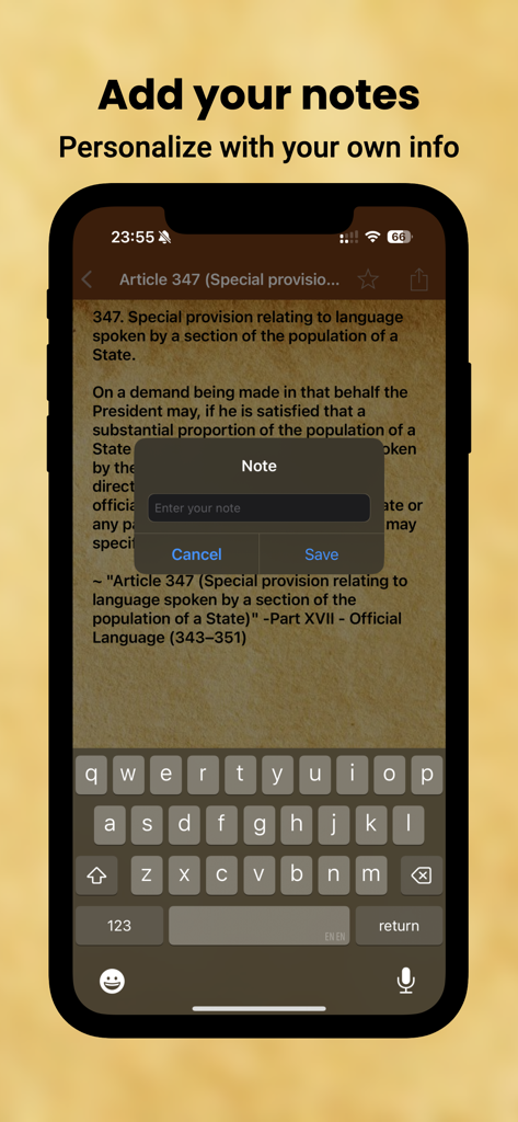 Interfaz de la aplicación móvil para agregar notas personales a los artículos de la Constitución de la India.