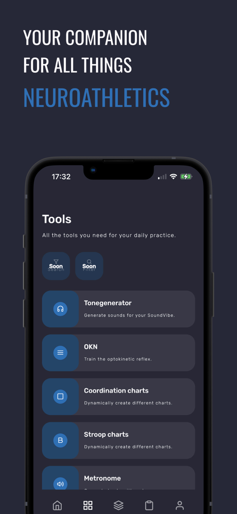 neurally -brain based training - A list of neuroathletics training tools in the Neurally app including OKN and tone generator
