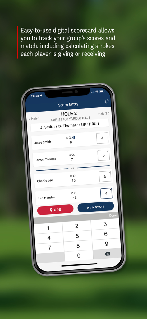 GHIN - GHIN app interface showing a digital scorecard for tracking group scores and calculating strokes