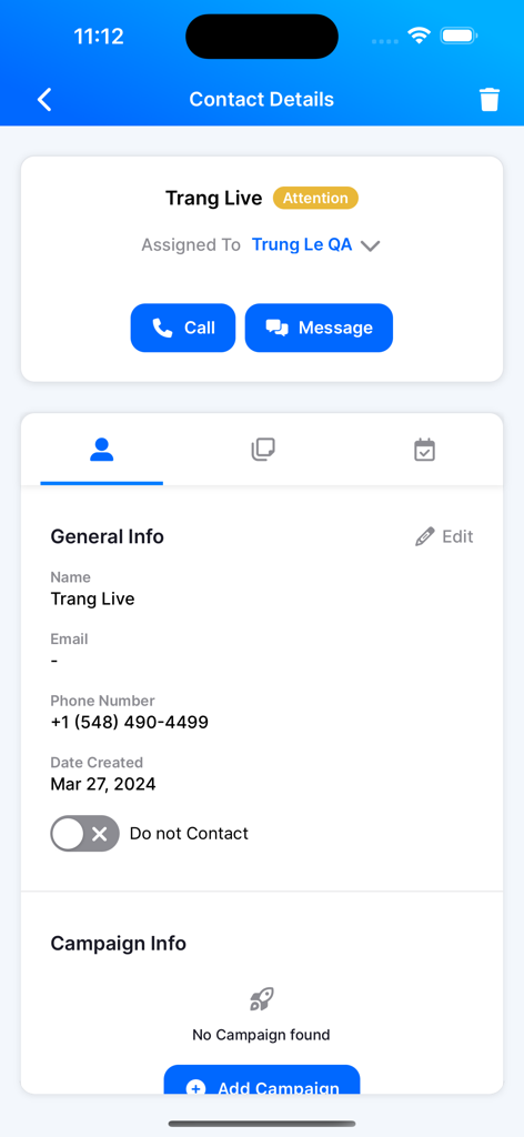 WooSender mobile app interface showing lead contact details and communication options like call and message
