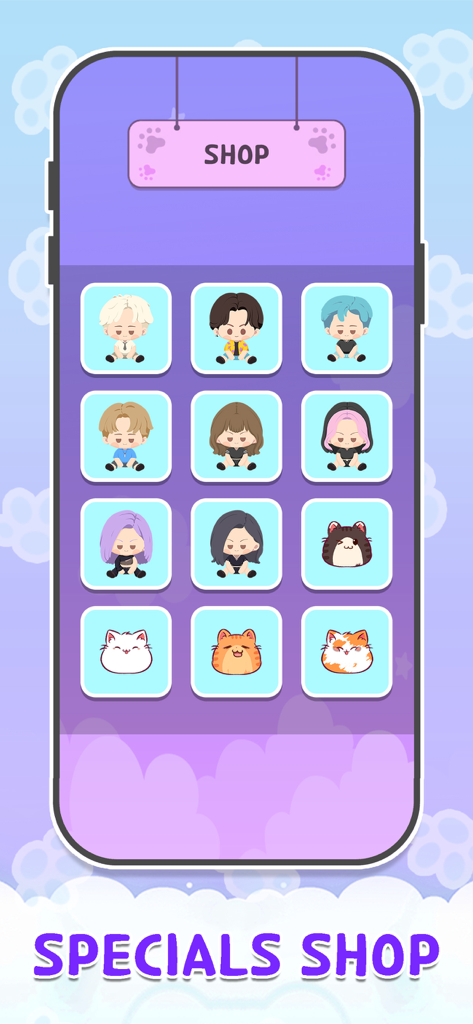 Meow Tiles: Kpop & Cats Piano! - Special shop screen showing collectible Kpop idol characters and cute cat tiles in Meow Tiles