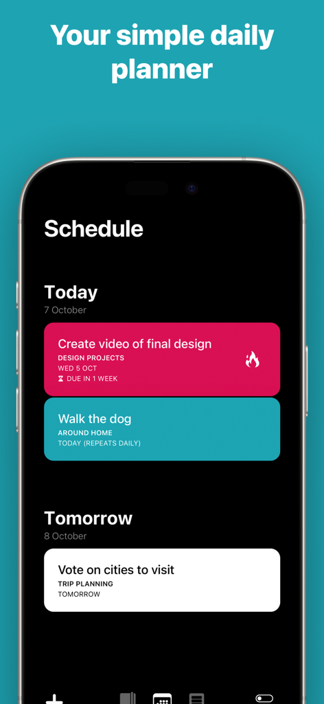 A smartphone screen displaying the minimalist schedule view of the Actions to do list app with color coded task cards
