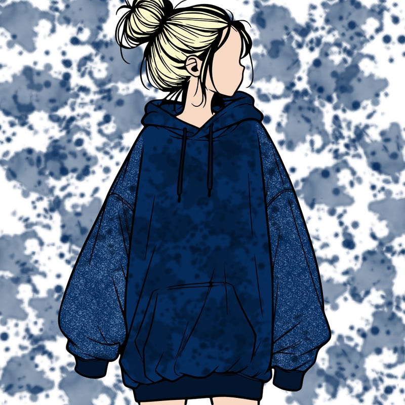 realistic girl with a oversized sweatshirt on and a bun