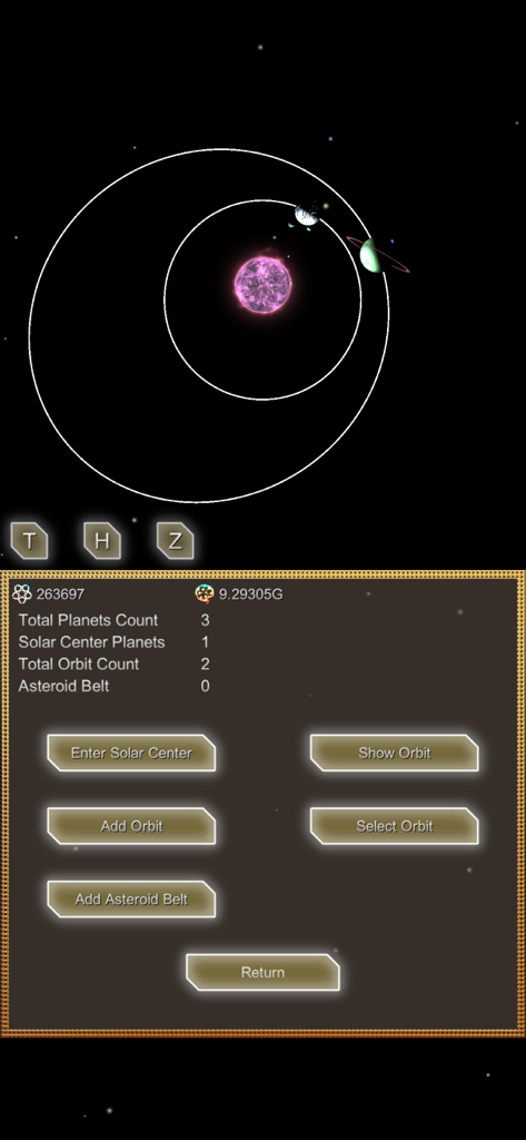 Evolution Planet - 14 Billion - User interface of the Evolution Planet app showing a purple sun with orbits and planet customization menu