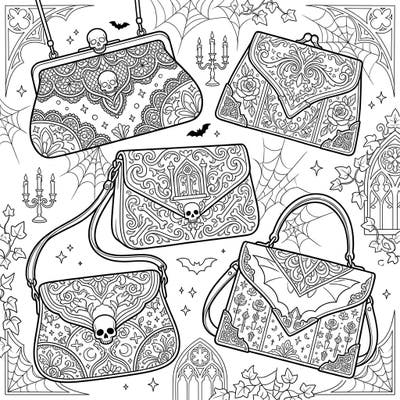 Step into a world of dark elegance with this captivating coloring page featuring five intricately designed Gothic evening bags. Adorned with skulls, lace, and ornate patterns, it's a perfect canvas for your creative expression.