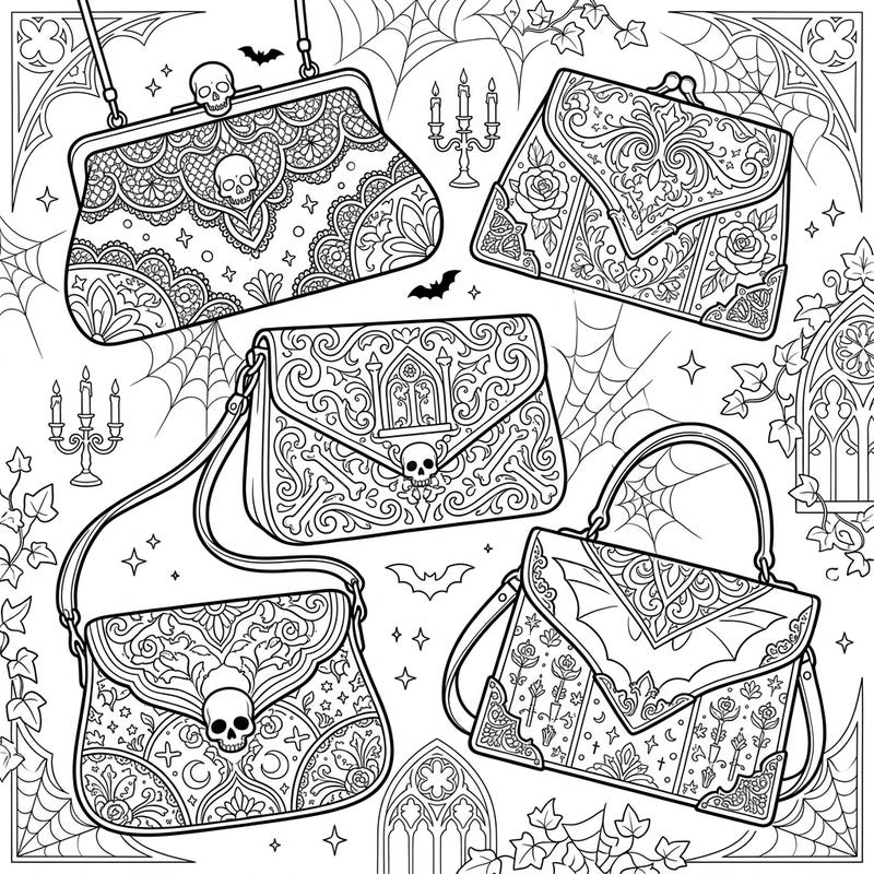 Step into a world of dark elegance with this captivating coloring page featuring five intricately designed Gothic evening bags. Adorned with skulls, lace, and ornate patterns, it's a perfect canvas for your creative expression.