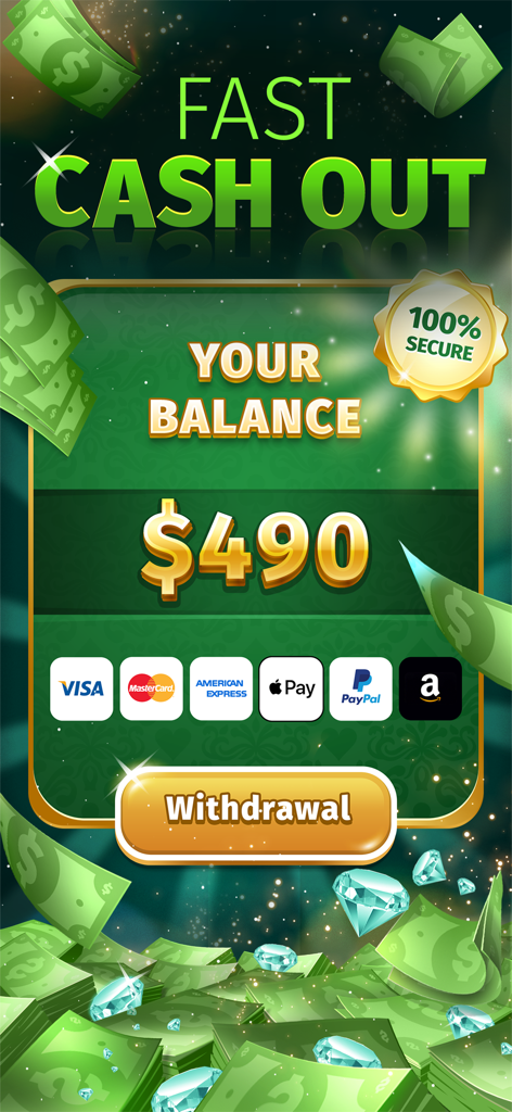 Solitaire Stash: Win Real Cash - 490달러 잔액과 PayPal 및 Apple Pay와 같은 안전한 인출 옵션을 보여주는 솔리테어 스태시 앱 인터페이스