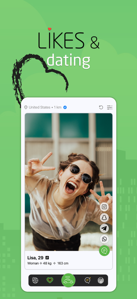 JOYCAR - Drive, Chat & Dating - JOYCAR app screenshot showing a womans dating profile with social media icons and local search info