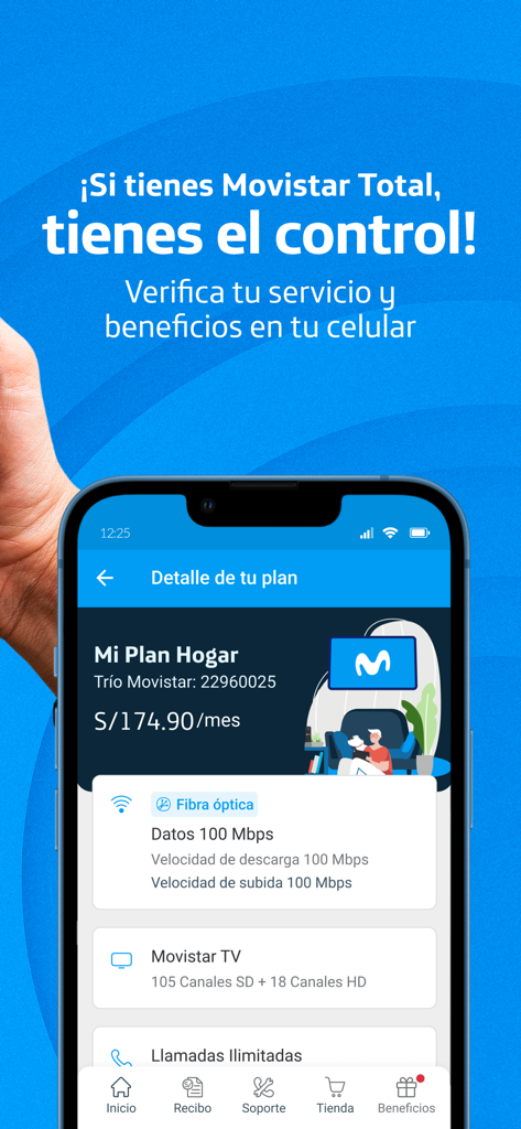 Smartphone screen displaying home fiber internet and TV plan details in the Mi Movistar Peru app