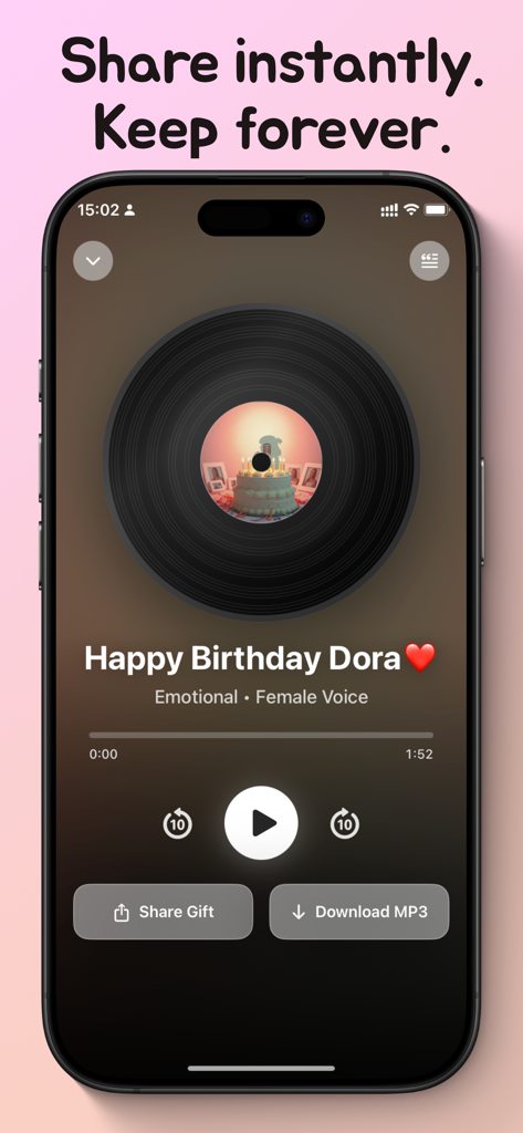 Songloom: AI Song Maker - Una interfaz móvil para Songloom que muestra una canción de cumpleaños personalizada generada por IA para Dora con opciones para compartir el regalo o descargar el MP3