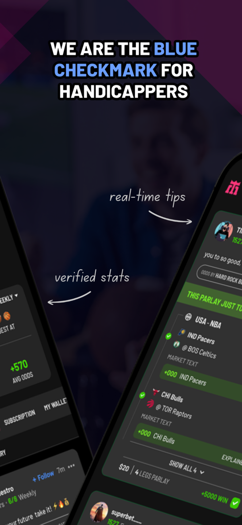 TipMaster AI - Interface do aplicativo móvel TipMaster AI mostrando estatísticas verificadas de handicappers e dicas esportivas em tempo real
