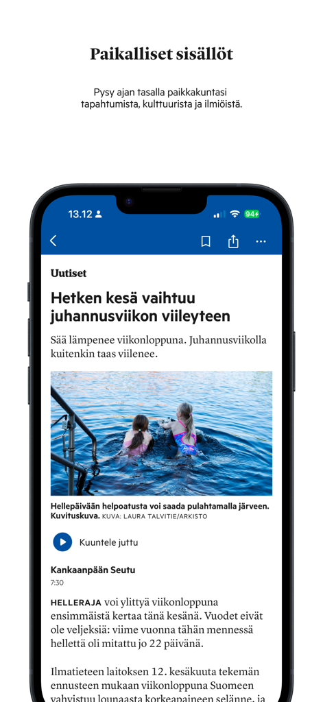Kankaanpään Seutu - A mobile interface of the Kankaanpaan Seutu news app displaying a local Finnish article with a photo of children swimming in a lake.