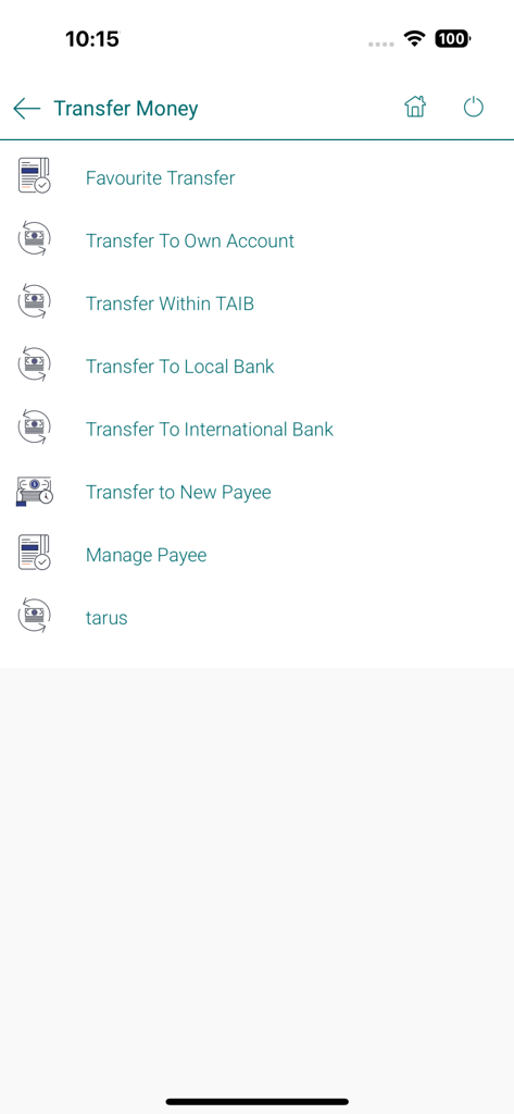 TAIBVX - TAIBVX mobile app screen showing money transfer options including international and local bank transfers