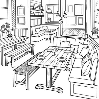 Discover a delightful restaurant interior featuring stylish dining benches and cozy banquettes. Immerse yourself in this detailed scene, ready for you to bring to life with your favorite colors.