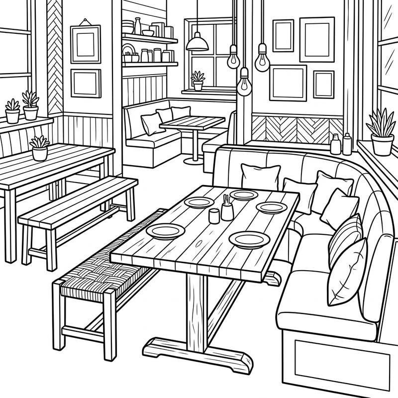 Discover a delightful restaurant interior featuring stylish dining benches and cozy banquettes. Immerse yourself in this detailed scene, ready for you to bring to life with your favorite colors.