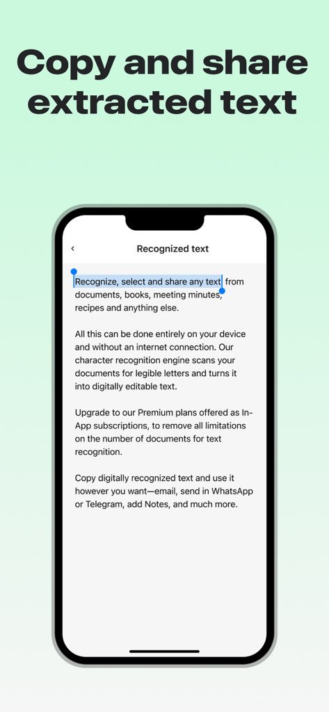 Text Scanner OCR Image to Text - Interfaz que muestra una pantalla de iPhone con texto reconocido seleccionado para copiar y compartir.