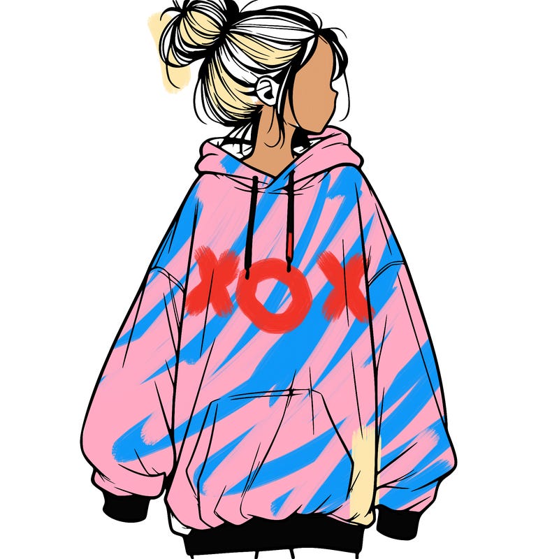 realistic girl with a oversized sweatshirt on and a bun