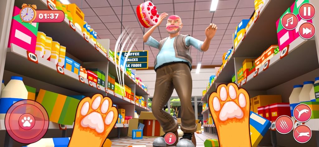 City kitty Life: Cat Simulator - スーパーマーケットの通路でいたずらをして、男性と落ちるケーキを引き起こしている猫の足の一人称視点