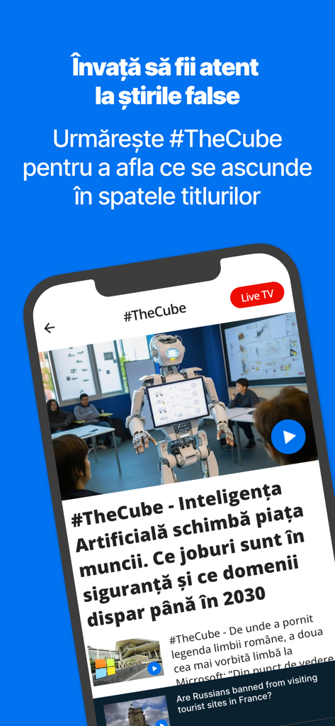 Euronews Romania mobile app screen showcasing TheCube section for identifying fake news and an article about Artificial Intelligence in the labor market.