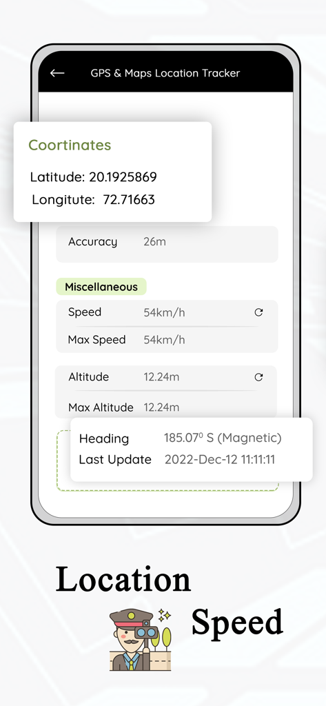 Screenshot of GPS and Maps app displaying real-time latitude, longitude, speed, and altitude data.