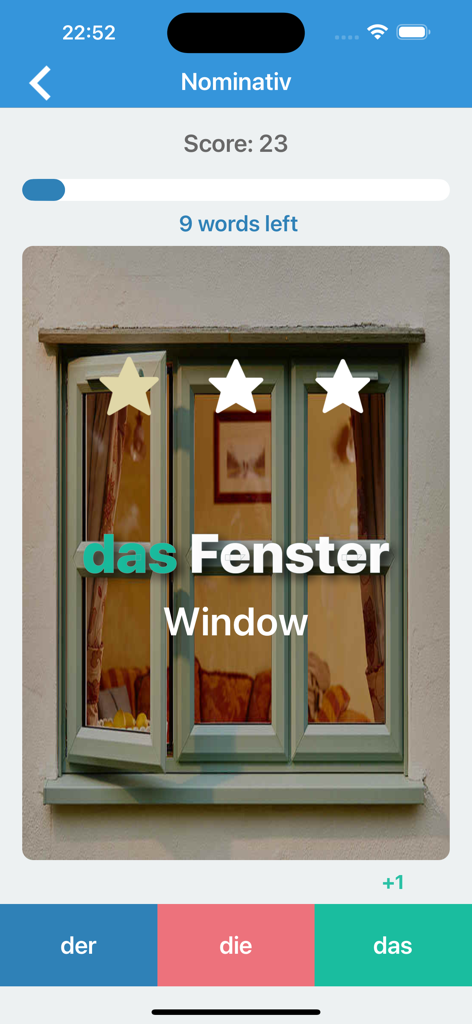 Pantalla de cuestionario de idioma alemán para la palabra das Fenster con una imagen de una ventana