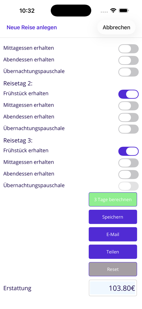 VMA Rechner NE - Interface do aplicativo VMA Rechner mostrando alternâncias para refeições e o valor total de reembolso calculado para uma viagem de negócios.