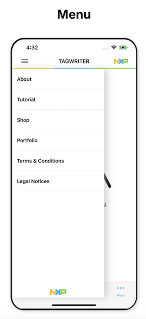 Screenshot of the side menu in the NFC TagWriter by NXP app showing options like About Tutorial and Shop