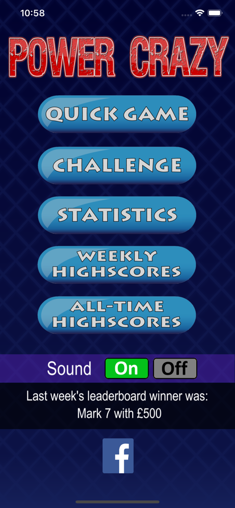 Power Crazy Fruit Machine Game - Main menu of Power Crazy Fruit Machine Game showing buttons for Quick Game, Challenge, Statistics and Highscores