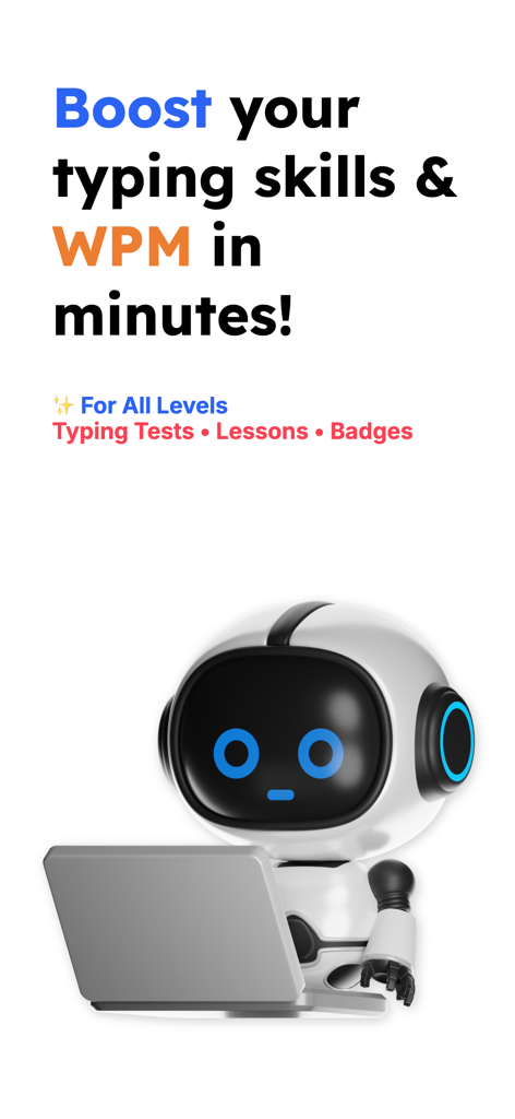 Speed Typing Test – WPM Check - Promotional graphic of a robot using a laptop with text about boosting typing skills and WPM