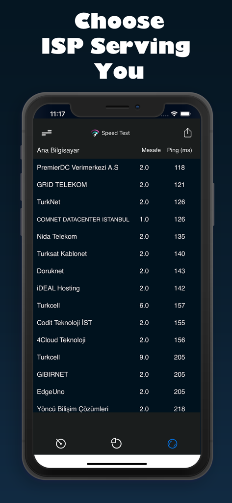 Interfaz de aplicación móvil que muestra una lista de servidores de ISP con su distancia y tiempos de ping para pruebas de velocidad