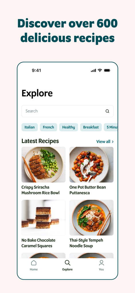 SO VEGAN: Healthy Recipes - Explore screen of the SO VEGAN app showing healthy plant-based recipes and search filters