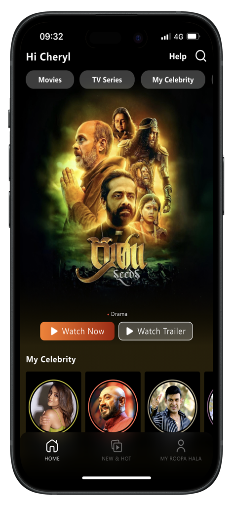 Roopa Hala app home screen displaying a featured Sinhala drama and celebrity profiles.