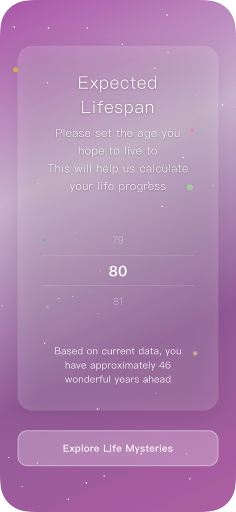 Life Countdown - Days Left - Interfaz para establecer la esperanza de vida esperada en la aplicación Life Countdown con un tema de espacio morado