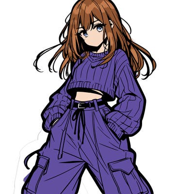 anime teen girl with baggy pants and crop top with sweater