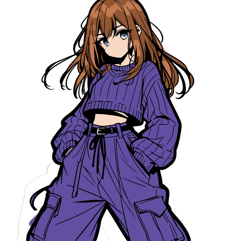 anime teen girl with baggy pants and crop top with sweater