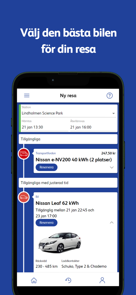 Benutzeroberfläche der OKQ8 Bilpool App, die verfügbare Elektrofahrzeug-Optionen für die Buchung an einer Station anzeigt
