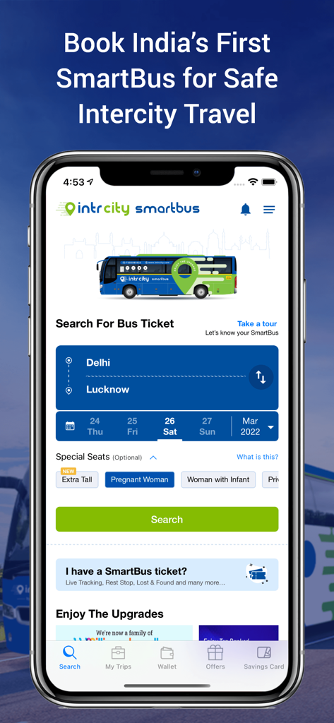 Tela inicial do aplicativo IntrCity SmartBus para reservar passagens de ônibus intermunicipais na Índia.