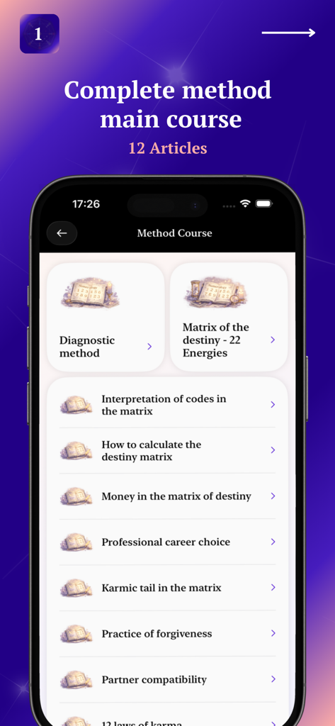 22 Energies: Destiny Matrix - A mobile app screen listing educational articles about the 22 Energies Destiny Matrix method.