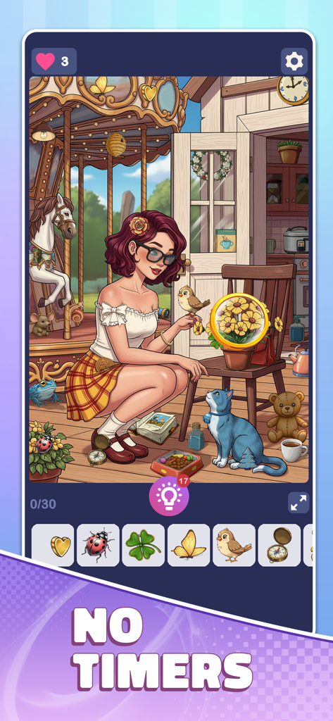 Find Fast:Hidden Objects - Find Fast Hidden Objects のゲームプレイ画面。タイマーのない居心地の良いシーンにいる少女の手描きのイラスト。