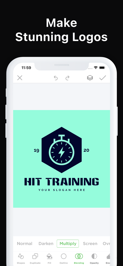 Poster Maker + Flyer Creator - Una pantalla de aplicación móvil que muestra un diseño de logotipo profesional para un negocio de fitness