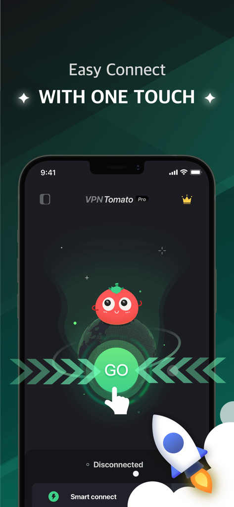 VPN Tomato Pro - Fast & Secure - VPN Tomato Pro mobile app interface showing the easy one touch connection screen with a large GO button