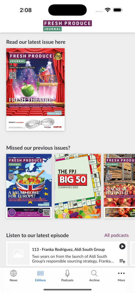 The editions and podcasts screen of the Fresh Produce Journal mobile app.