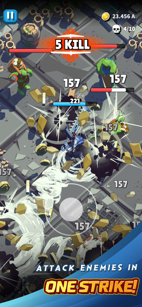 A character performing a powerful spin attack against multiple enemies in the Dungeon of Gods mobile action RPG