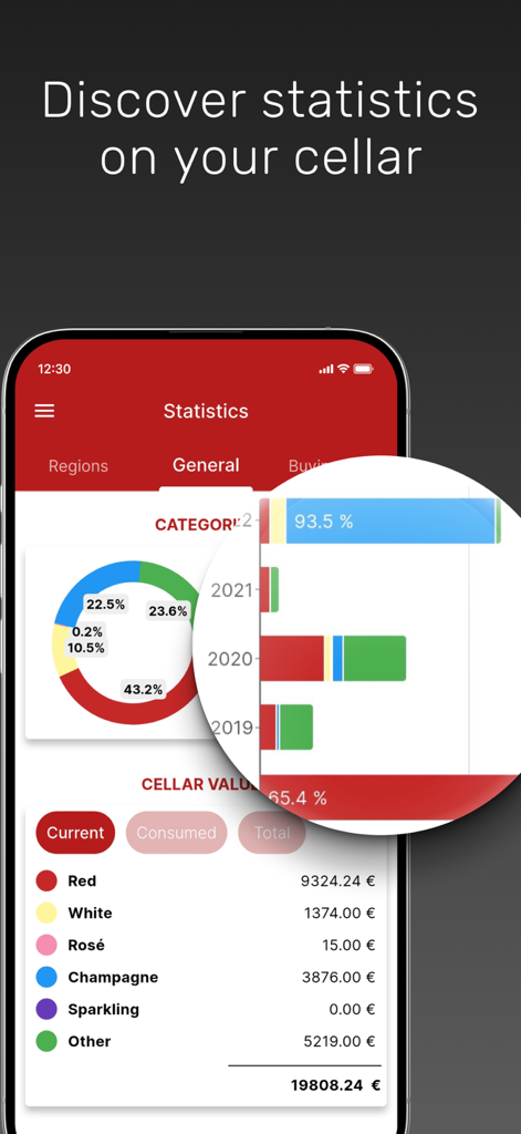 My wines cellar - Statistics screen showing wine inventory value and category breakdown