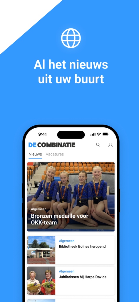 Combinatie Ridderkerk - Startbildschirm der Combinatie Ridderkerk App mit lokalen Nachrichtenartikeln und Community-Updates.