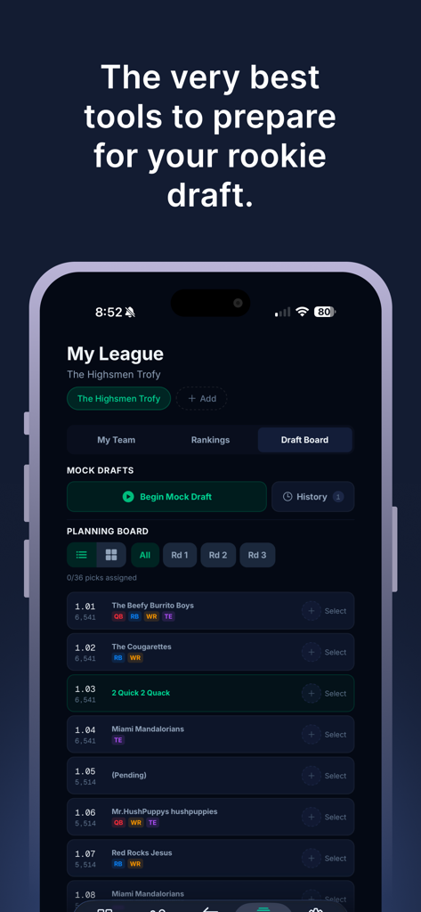 Interface of Dynasty Scout app showing rookie draft planning board and mock draft tools