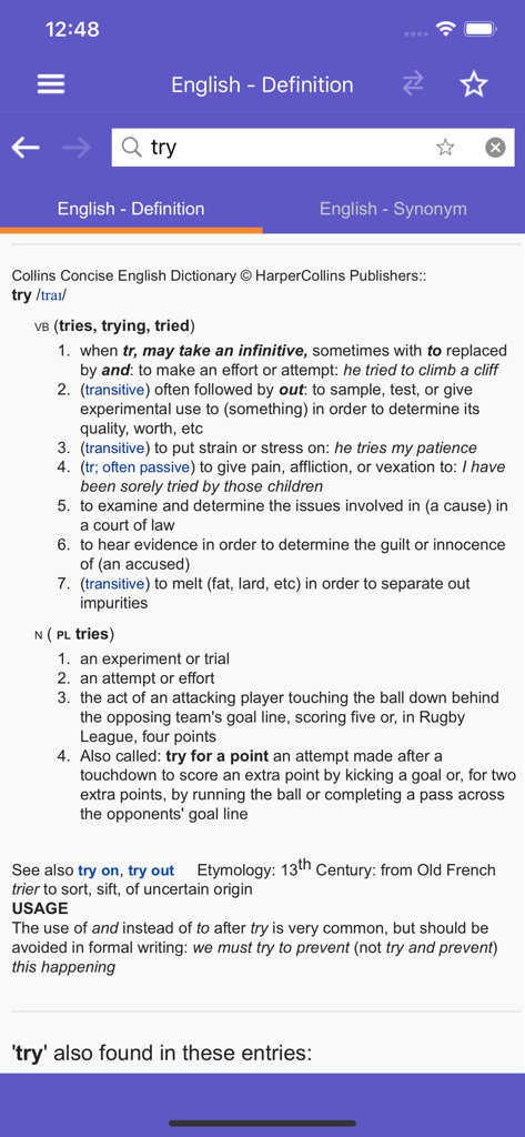 Screenshot of the WordReference app showing detailed English definitions and usage notes for the word try