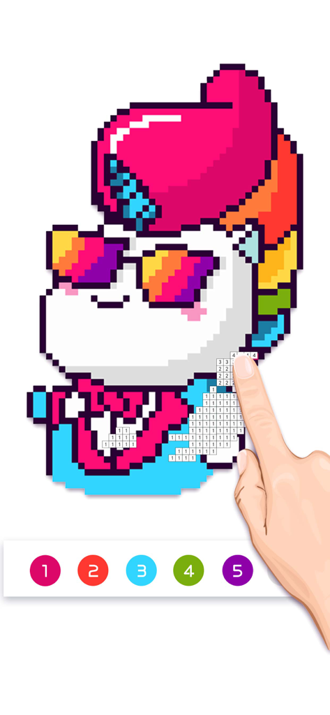 A hand coloring a pixel art unicorn using a color by number mobile app interface